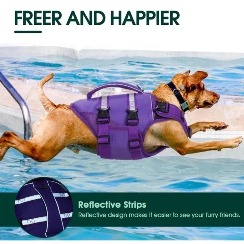 Kuoser Dog Swimming Life Jacket Reflective Stripes Adjustable Ripstop Purple 2XL